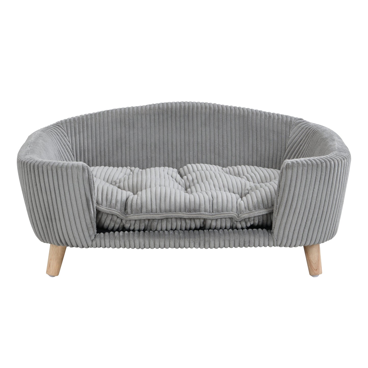 Elevated Dog Bed Frame for Small Dog, Corduroy Pet Couch Bed with Rubber Wood Legs and Supportive Foam, Gray, Easy Assembly