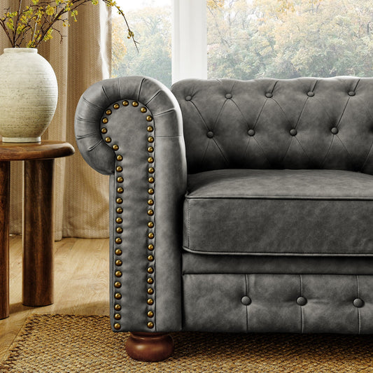 Chesterfield Sofa Tufted  Upholstered PU 3-Seater Sofa Scrolled Arms with Nailhead Decoration, DGY (88.5''x37''x28'')