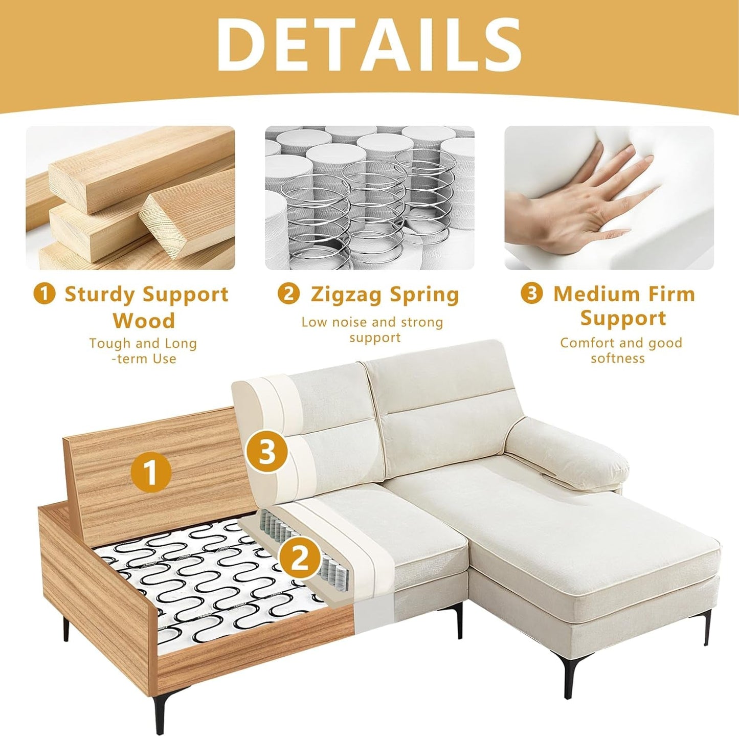 85” Convertible Sectional Sofa Couch, 3 Seat Sofa for Living Room L-Shaped Modern Chenille Fabric Modular Sofa Reversible Wide Chaise & Fluffy Armrests for Apartment (Beige)