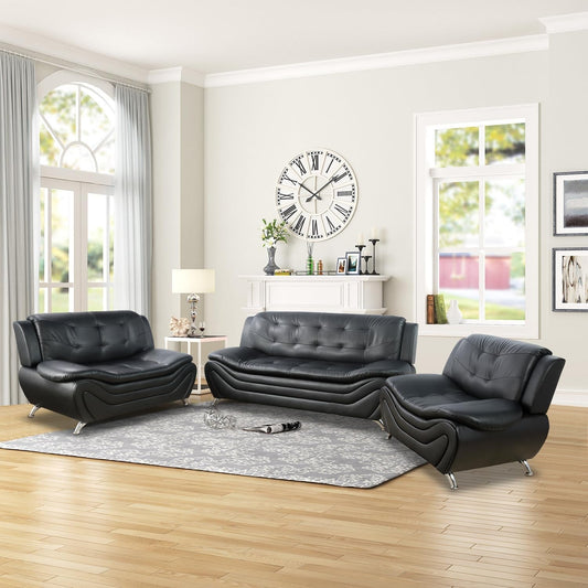 Leather Sofa Set,Leather Sofa Set for Living Room Furniture Sets, Loveseat Sofa with Chair 3-Piece for Living Room/Office/Apartment(Black)