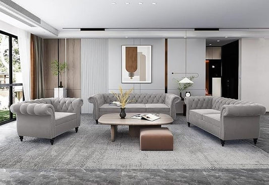 3-Piece Living Room Sectional Sofa Set, Upholstered Sofa Modern Sofa Couches Set Style Button Tufted, Velvet Chesterfield Sofa for Living Room Apartment, 1+2+3 Seat Grey