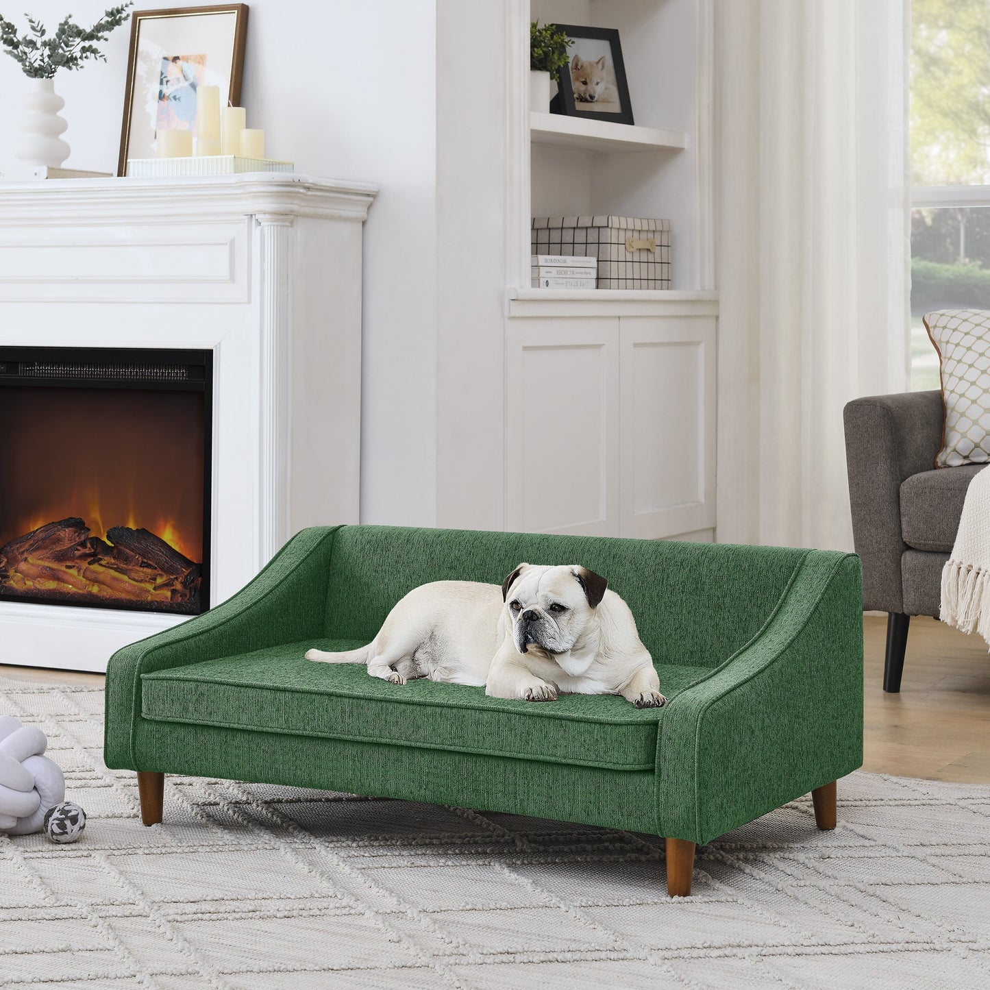 Modern Durable Elevated Dog Sofa Bed with Irregular Armrest Design, Comfortable Soft Green Pet Sofa, Foam Material