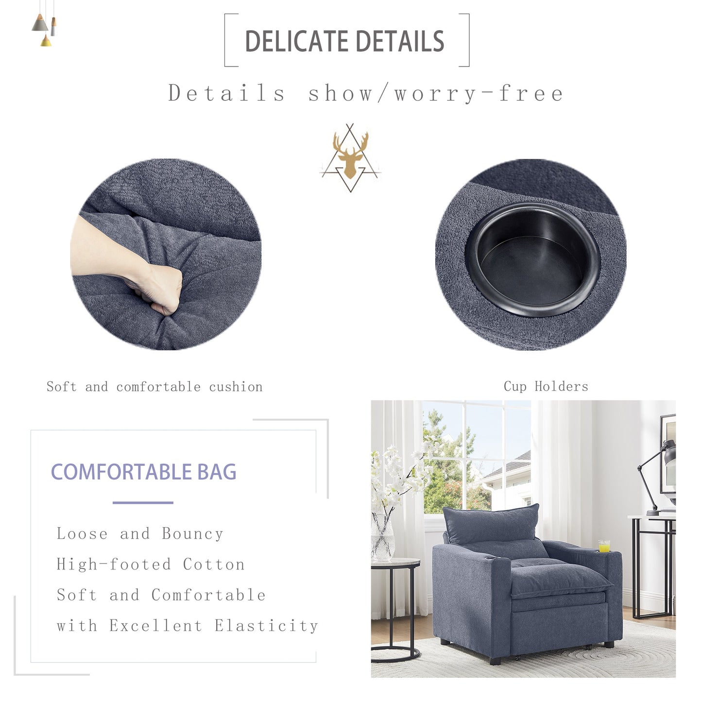 Sleeper Sofa Chair Bed, Convertible Sofa Chair 3-in-1, Adjustable Sleeper Chair Pullout Sofa Bed with Modern Velvet Fabric for Living Room Apartment Small Space, Grey