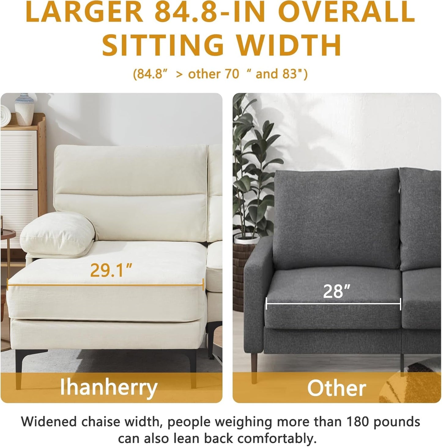 85” Convertible Sectional Sofa Couch, 3 Seat Sofa for Living Room L-Shaped Modern Chenille Fabric Modular Sofa Reversible Wide Chaise & Fluffy Armrests for Apartment (Beige)