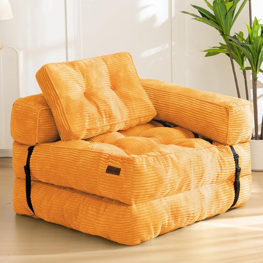 Folding Sofa Bed, L-Shaped Convertible Sofa Bed with Armrest Foldable Sleeper Sofa with Pillow, Portable Fold Out Chair Bed Comfy Floor Sofa Lounge for Living Room Bedroom, Orange