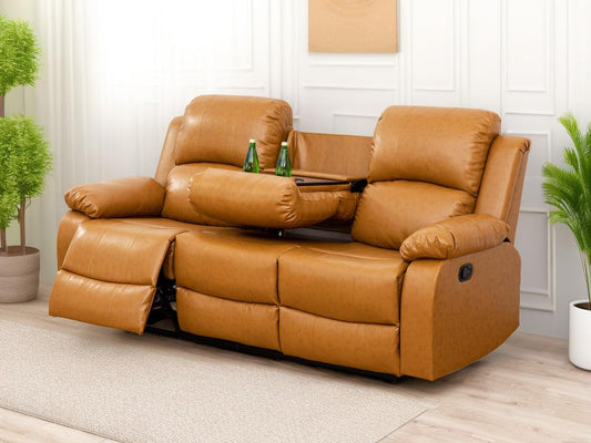 Manual Reclining Sofa 3 Seater Recliner Sofa Couch Living Room Furniture Modern Leather Reclining Sofa with Cup Holders & Flip-Down Table for Living Room/Office/Rv Car (Ginger, 3 Seater Sofa)