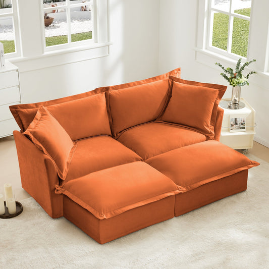 Slipcovered Sofa 2 Seater Sofa    With 2 Ottomans, 2 Seater Sleeper Sofa Bed Home Theater Oversized Sofa For Living Room, Chenille, orange