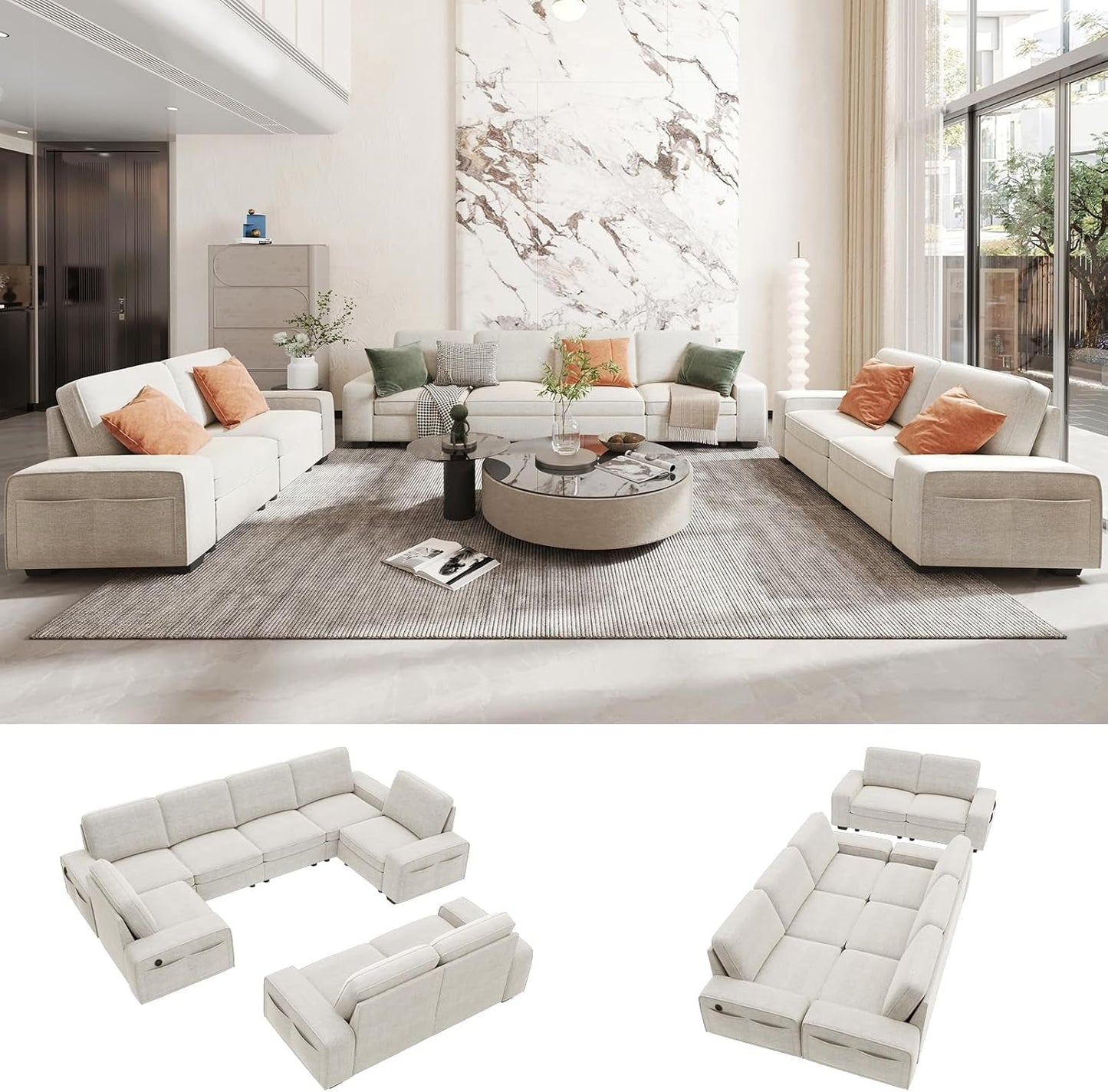 Beige U Shape Sectional Sofa for Living Room/Office 8 Seater Sofa Sets with Large Storage Space Comfy Chenille Cover (4-Seat Modular Sofa & 2×Loveseat Couch)