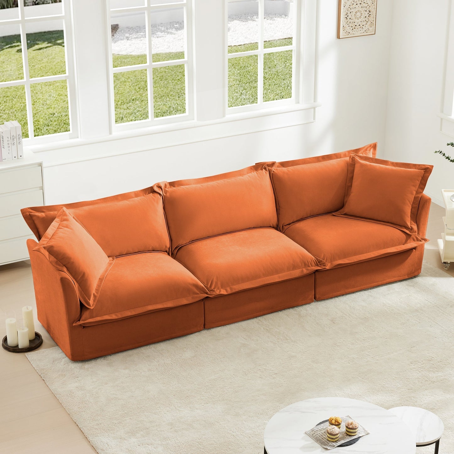 Slipcovered Sofa Couch, Modern 3 Seater Sofa with Suppleness Armrests, Chenille Fleece Deep Seat Sofa with Soft Multiple Big Pillows, Comfy Couch for Living Room, Apartment,Chenille Fabric, Orange