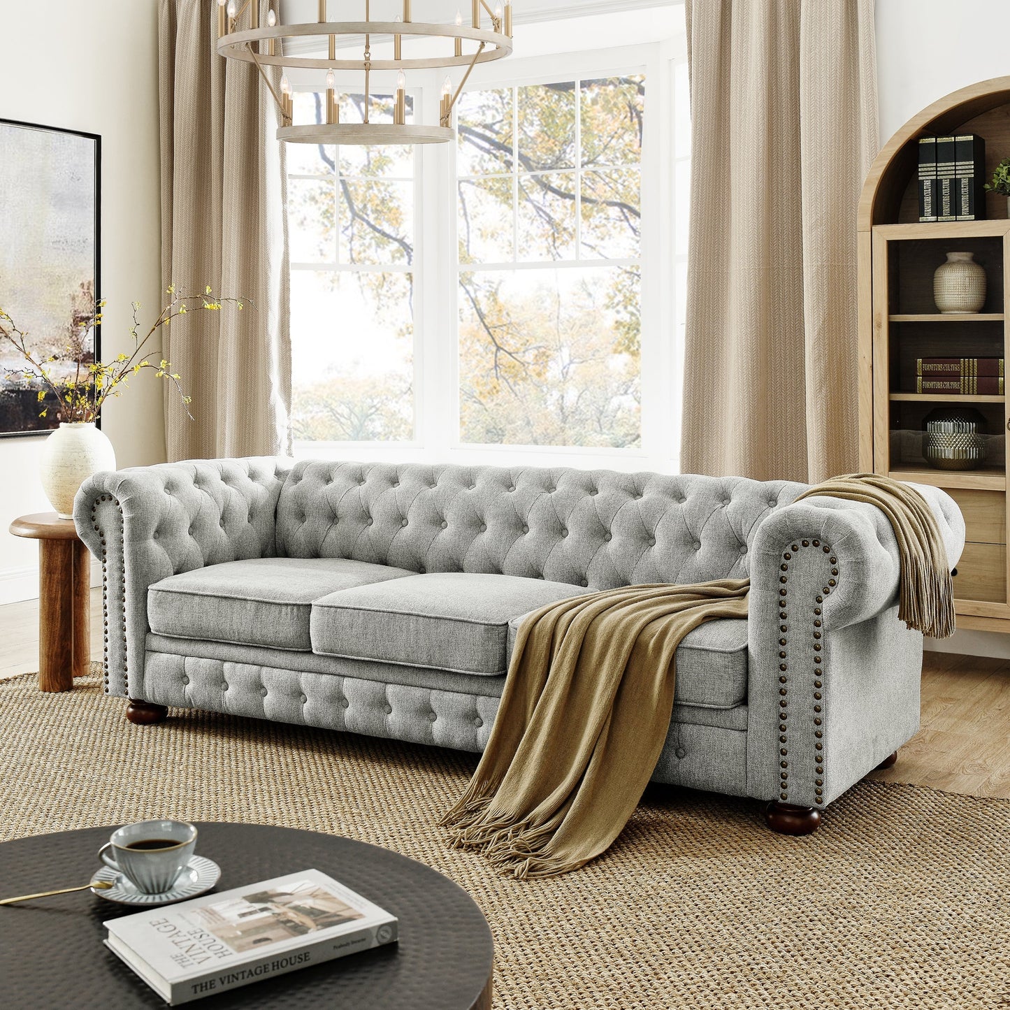 Chesterfield Sofa Tufted Linen Upholstered 3-Seater Sofa Scrolled Arms with Nailhead Decoration, Gray (88.5''x37''x28'')