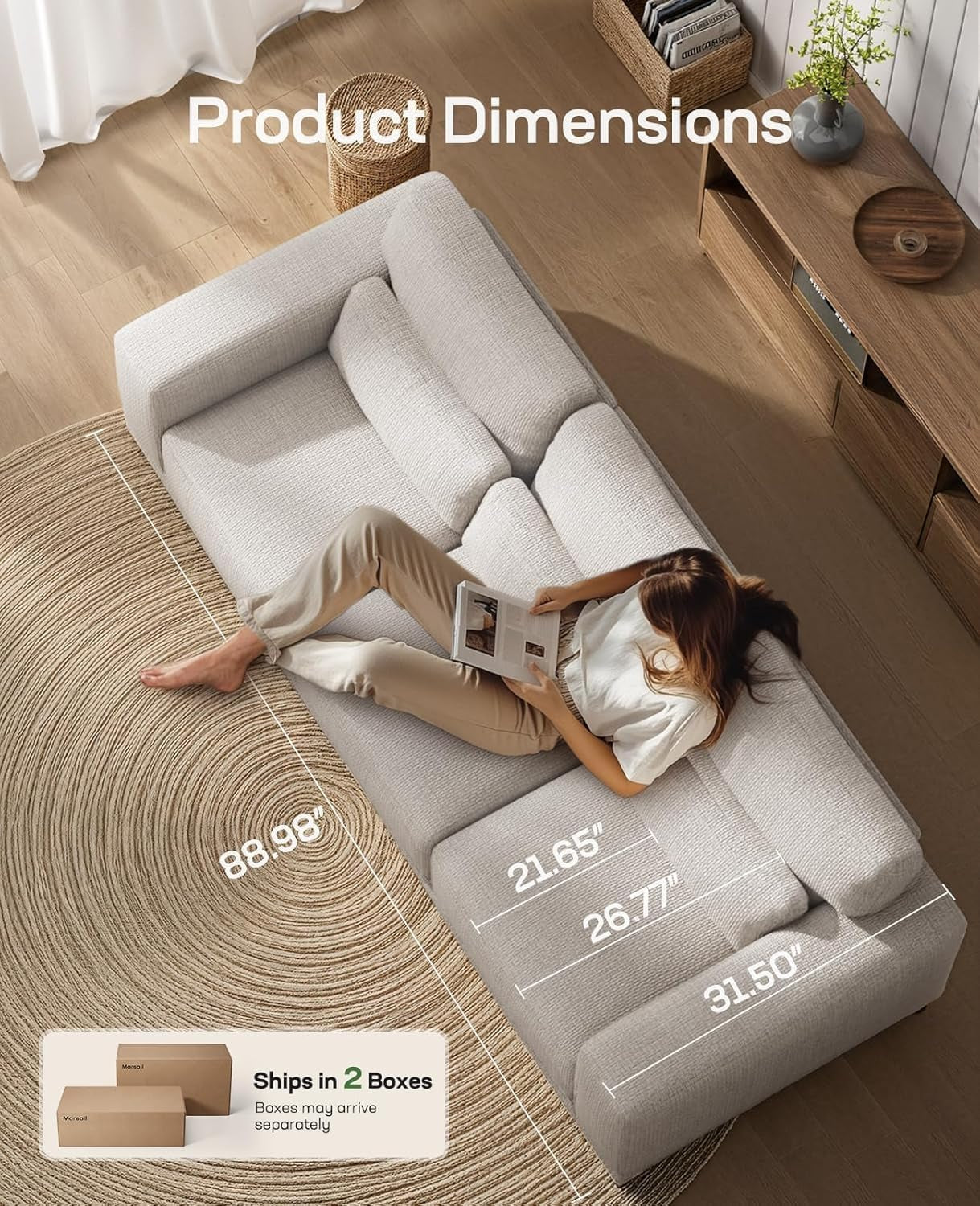 Modern 89 Inch Sofa with Deep Seats and Removable Covers