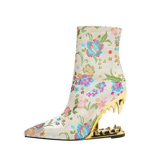 Paisley Encrusted Bite Heel Ankle Boots